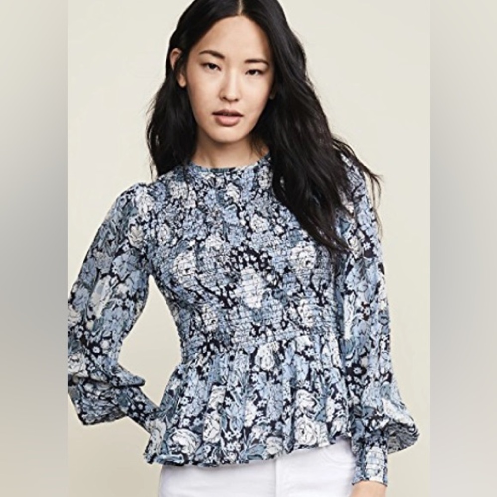 GANNI Printed Georgette Peplum Top